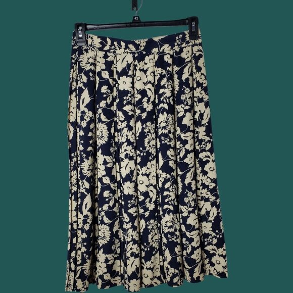 St.Michael Vtg Style Floral Pleated Midi Skirt Navy & Cream Sz 16 - Picture 10 of 10